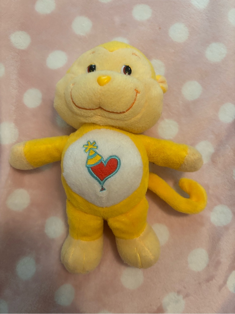 Care Bears Yellow Plush Monkey with Heart Party Belly Badge